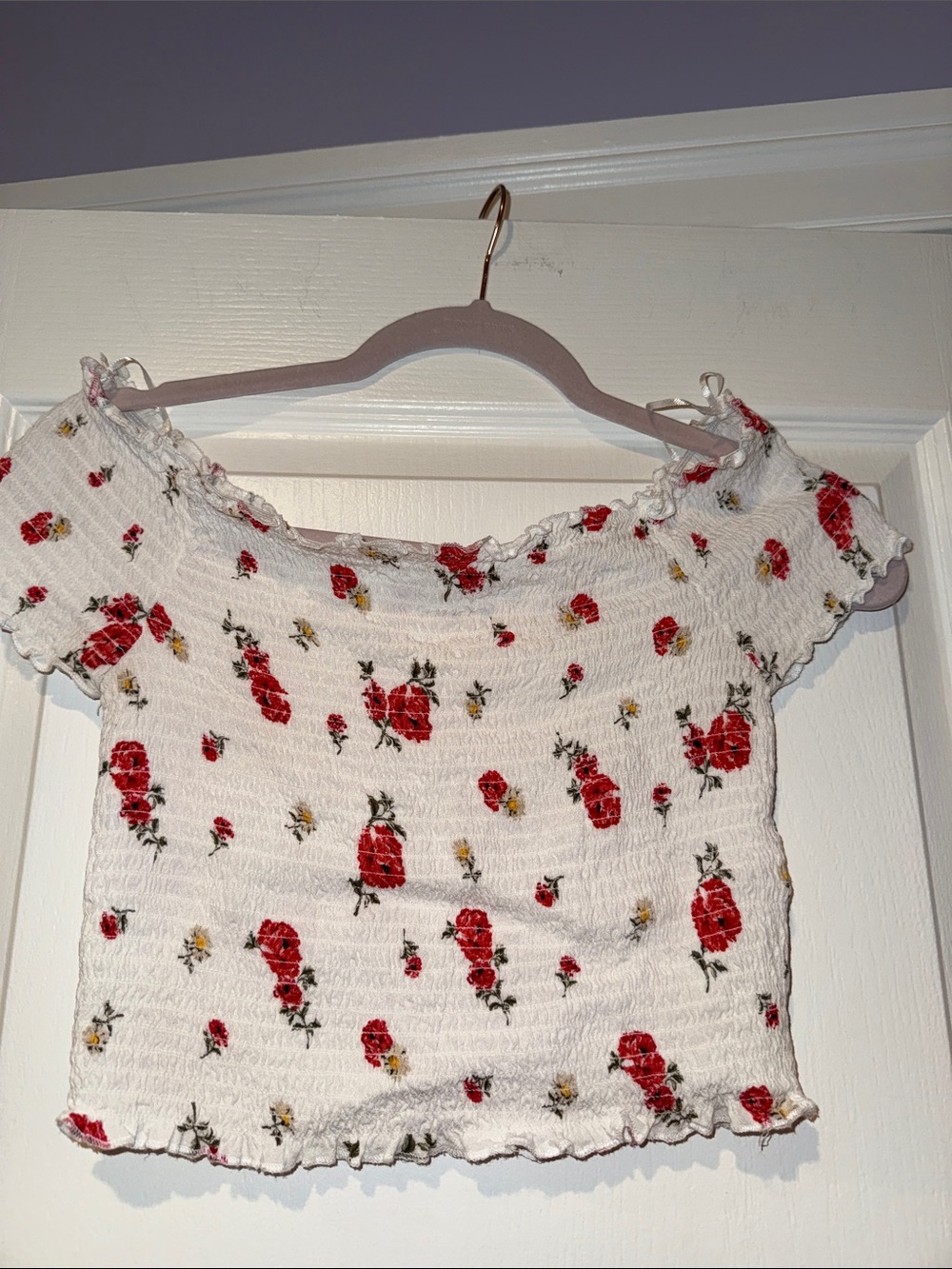 Off-Shoulder White Floral Smocked Crop Top